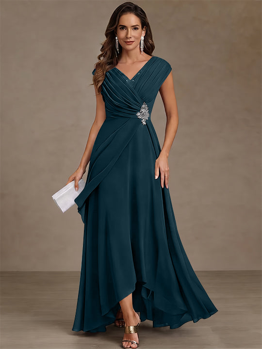 A-Line/Princess V-Neck Chiffon Mother of the Bride Dresses Asymmetrical Floor-Length Sequins Ruched