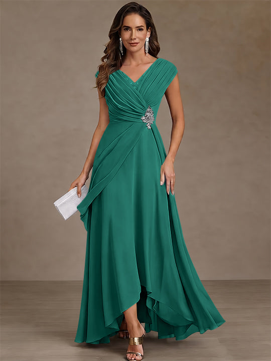A-Line/Princess V-Neck Chiffon Mother of the Bride Dresses Asymmetrical Floor-Length Sequins Ruched