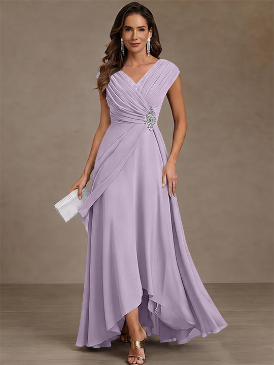 A-Line/Princess V-Neck Chiffon Mother of the Bride Dresses Asymmetrical Floor-Length Sequins Ruched