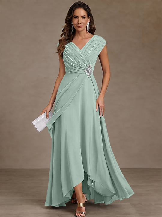 A-Line/Princess V-Neck Chiffon Mother of the Bride Dresses Asymmetrical Floor-Length Sequins Ruched