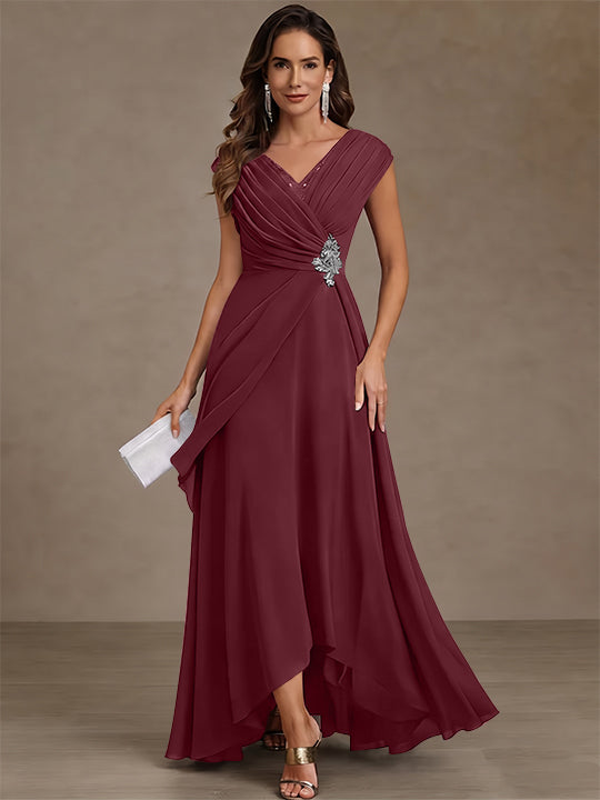 A-Line/Princess V-Neck Chiffon Mother of the Bride Dresses Asymmetrical Floor-Length Sequins Ruched