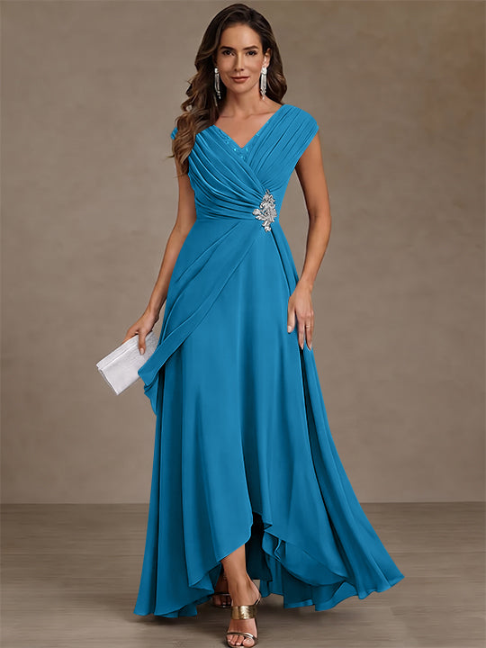 A-Line/Princess V-Neck Chiffon Mother of the Bride Dresses Asymmetrical Floor-Length Sequins Ruched