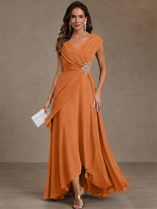 A-Line/Princess V-Neck Chiffon Mother of the Bride Dresses Asymmetrical Floor-Length Sequins Ruched