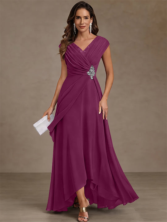 A-Line/Princess V-Neck Chiffon Mother of the Bride Dresses Asymmetrical Floor-Length Sequins Ruched