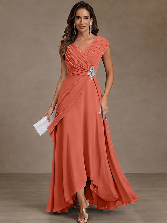A-Line/Princess V-Neck Chiffon Mother of the Bride Dresses Asymmetrical Floor-Length Sequins Ruched