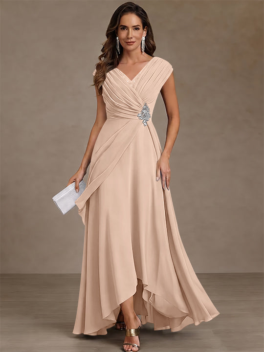 A-Line/Princess V-Neck Chiffon Mother of the Bride Dresses Asymmetrical Floor-Length Sequins Ruched