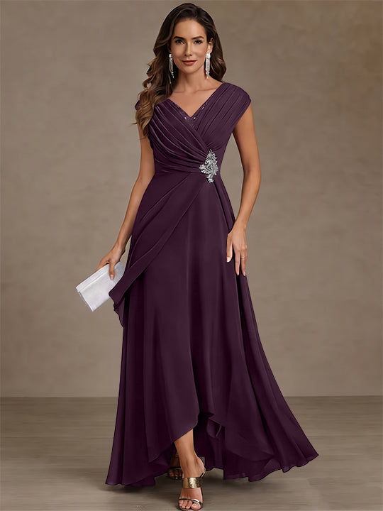 A-Line/Princess V-Neck Chiffon Mother of the Bride Dresses Asymmetrical Floor-Length Sequins Ruched