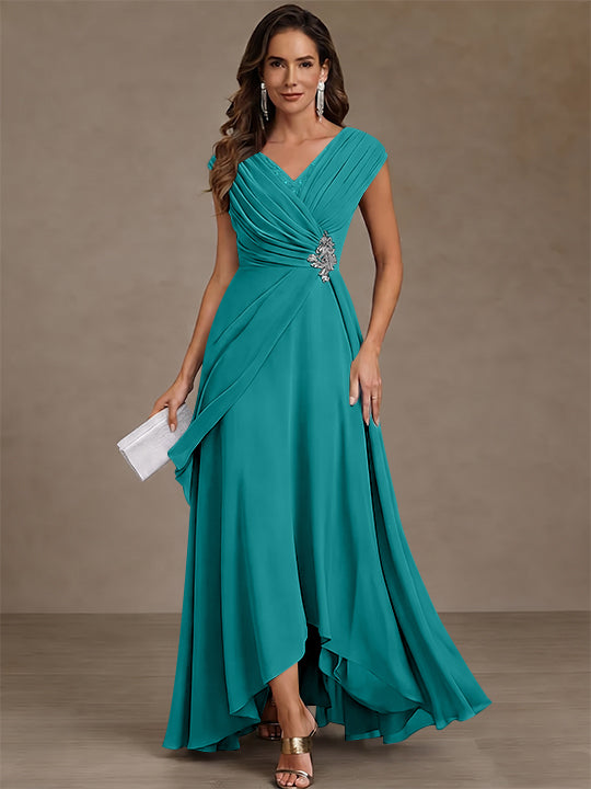 A-Line/Princess V-Neck Chiffon Mother of the Bride Dresses Asymmetrical Floor-Length Sequins Ruched