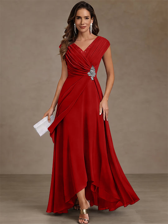 A-Line/Princess V-Neck Chiffon Mother of the Bride Dresses Asymmetrical Floor-Length Sequins Ruched