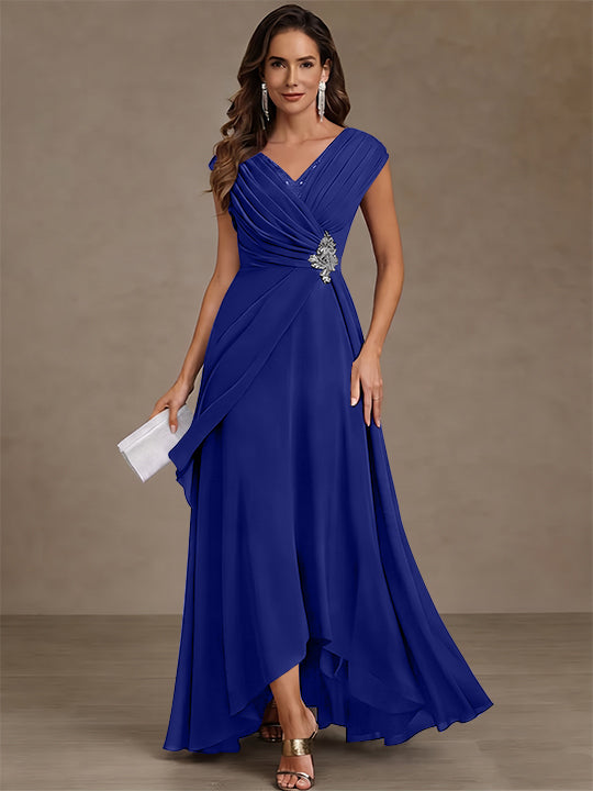 A-Line/Princess V-Neck Chiffon Mother of the Bride Dresses Asymmetrical Floor-Length Sequins Ruched
