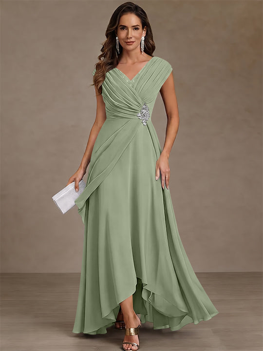 A-Line/Princess V-Neck Chiffon Mother of the Bride Dresses Asymmetrical Floor-Length Sequins Ruched