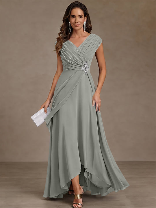 A-Line/Princess V-Neck Chiffon Mother of the Bride Dresses Asymmetrical Floor-Length Sequins Ruched