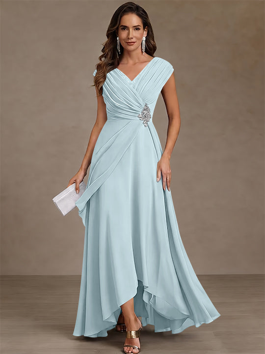A-Line/Princess V-Neck Chiffon Mother of the Bride Dresses Asymmetrical Floor-Length Sequins Ruched