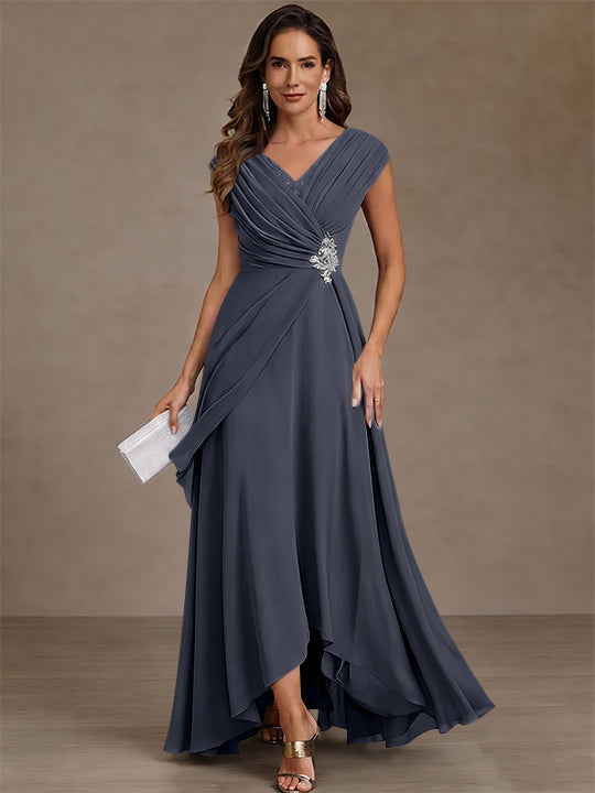 A-Line/Princess V-Neck Chiffon Mother of the Bride Dresses Asymmetrical Floor-Length Sequins Ruched