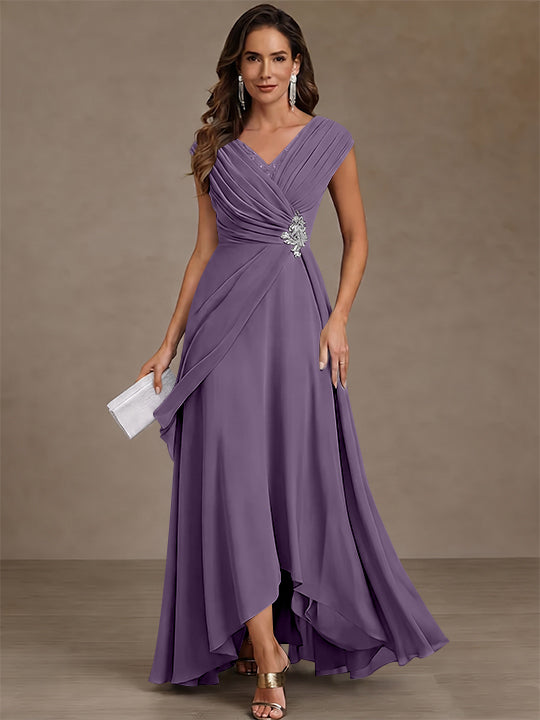 A-Line/Princess V-Neck Chiffon Mother of the Bride Dresses Asymmetrical Floor-Length Sequins Ruched