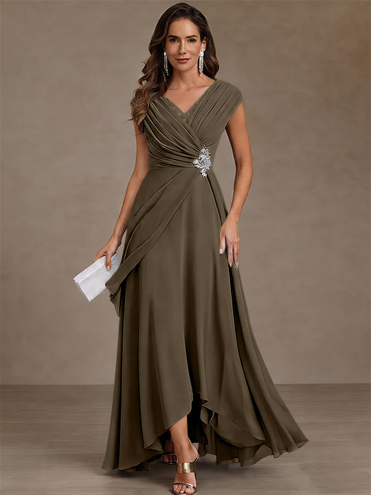 A-Line/Princess V-Neck Chiffon Mother of the Bride Dresses Asymmetrical Floor-Length Sequins Ruched