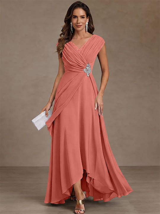 A-Line/Princess V-Neck Chiffon Mother of the Bride Dresses Asymmetrical Floor-Length Sequins Ruched