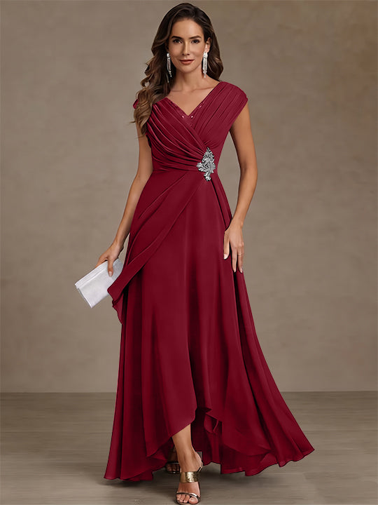 A-Line/Princess V-Neck Chiffon Mother of the Bride Dresses Asymmetrical Floor-Length Sequins Ruched