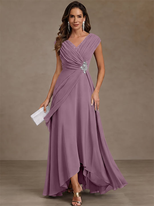 A-Line/Princess V-Neck Chiffon Mother of the Bride Dresses Asymmetrical Floor-Length Sequins Ruched