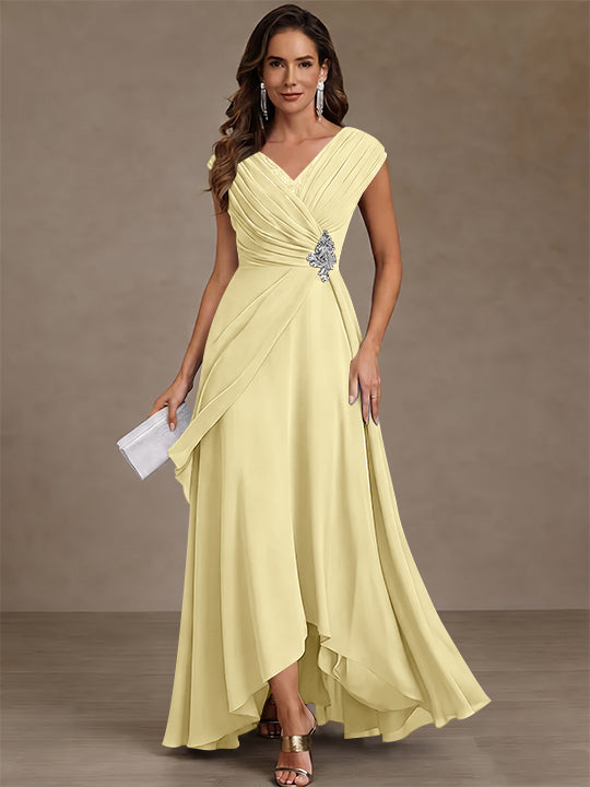 A-Line/Princess V-Neck Chiffon Mother of the Bride Dresses Asymmetrical Floor-Length Sequins Ruched