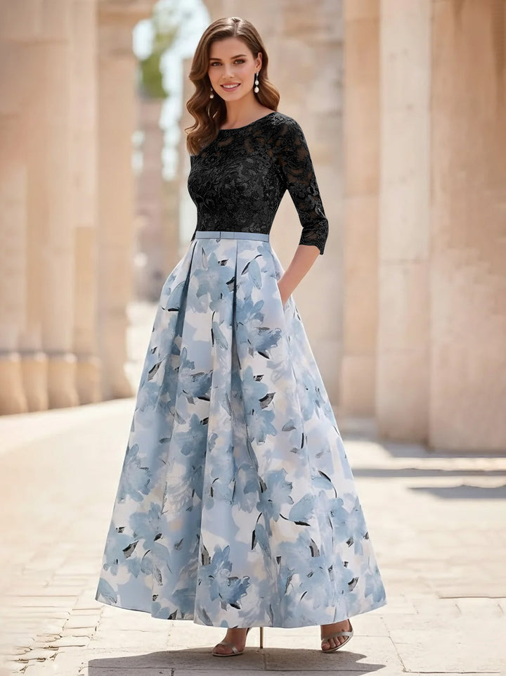 A-Line/Princess Scoop Satin Mother of the Bride Dresses Lace Ankle-Length Half Sleeves Printed Flower