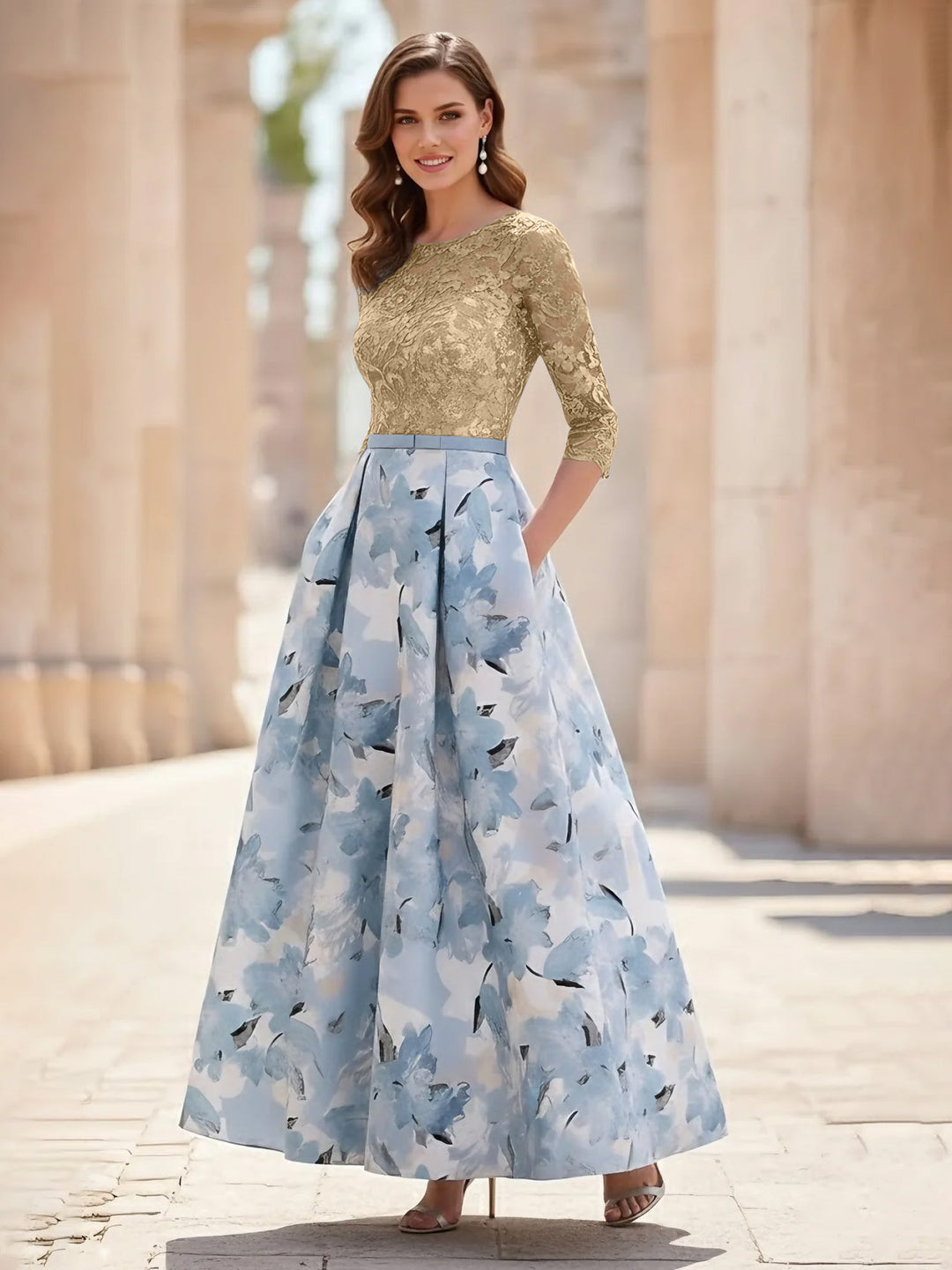 A-Line/Princess Scoop Satin Mother of the Bride Dresses Lace Ankle-Length Half Sleeves Printed Flower