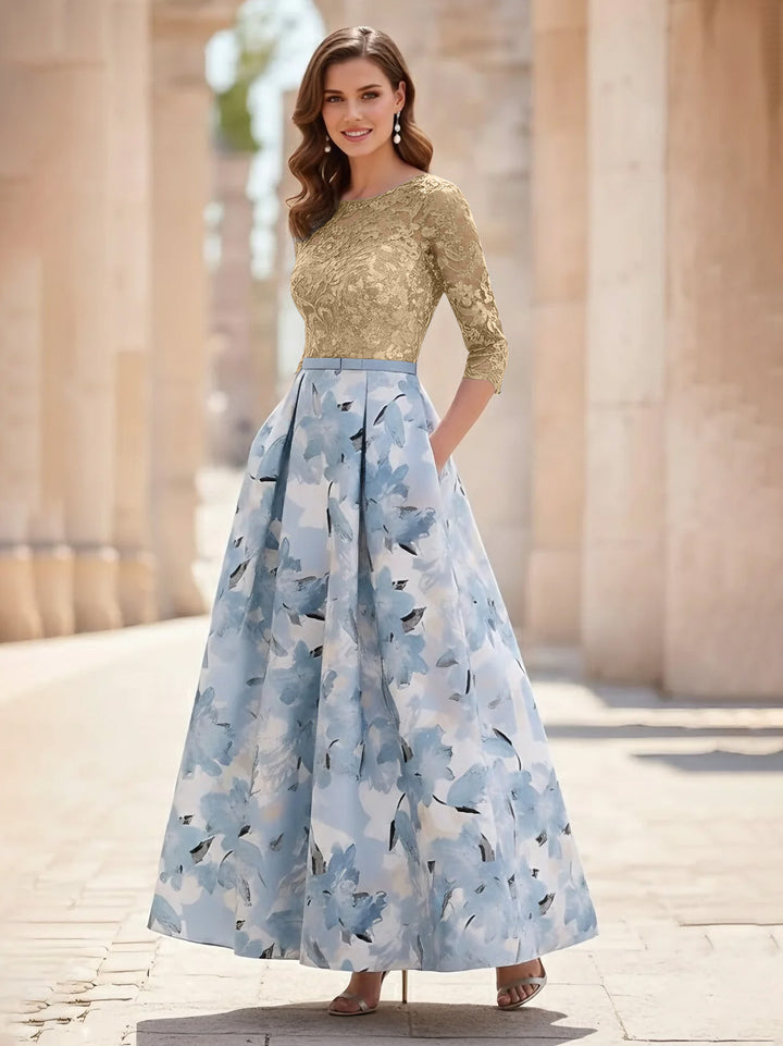A-Line/Princess Scoop Satin Mother of the Bride Dresses Lace Ankle-Length Half Sleeves Printed Flower