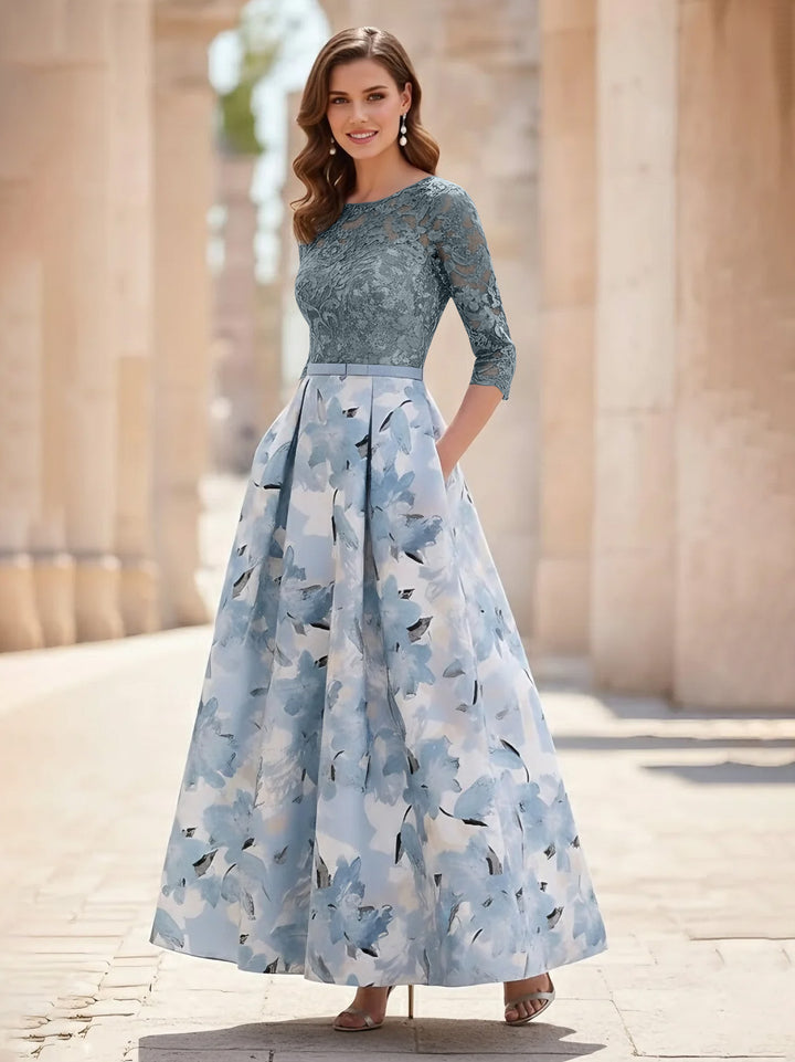 A-Line/Princess Scoop Satin Mother of the Bride Dresses Lace Ankle-Length Half Sleeves Printed Flower