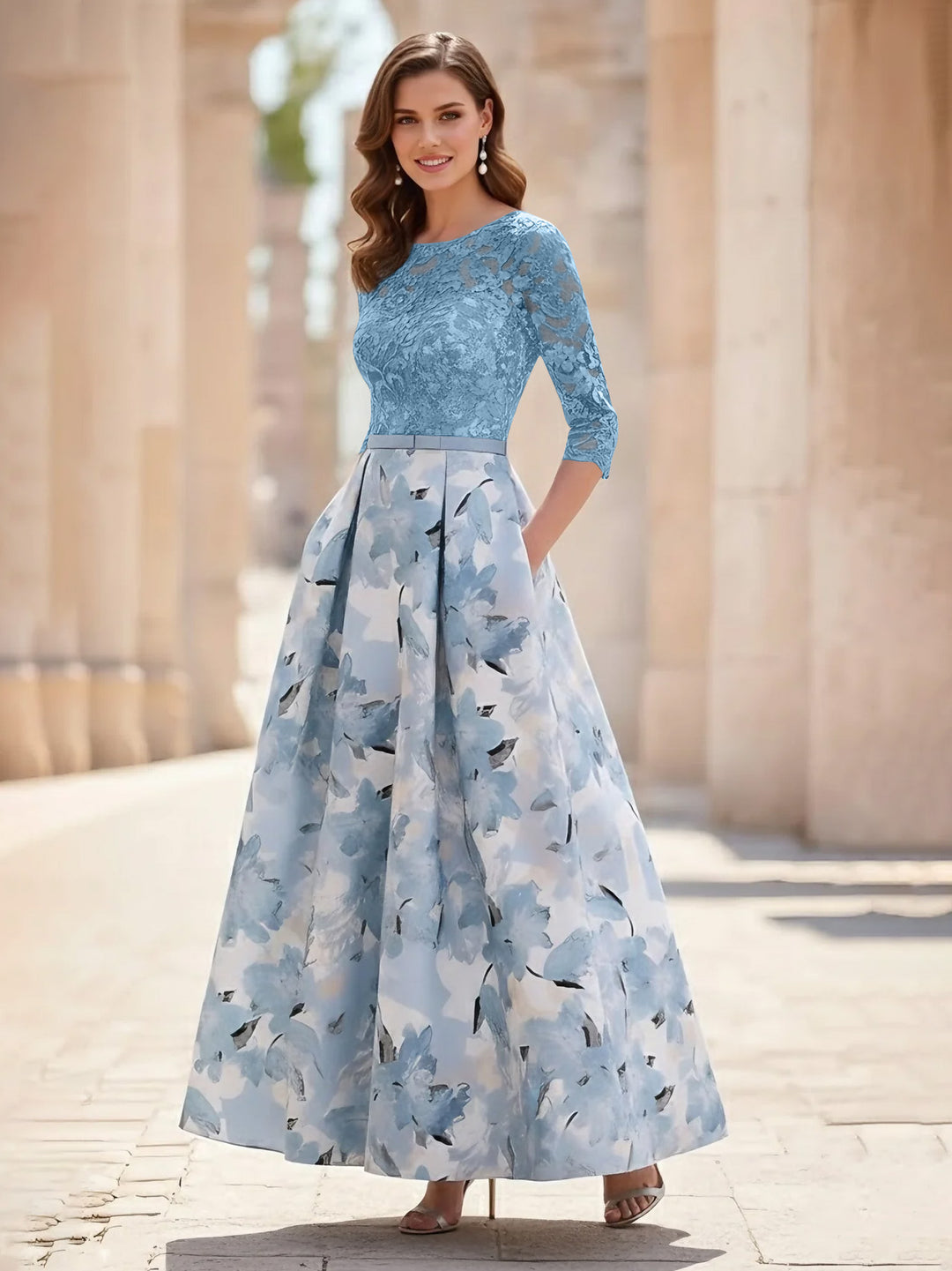 Floral Mother of the Bride Dresses with Blue Lace Ankle-Length Half Sleeves for Wedding