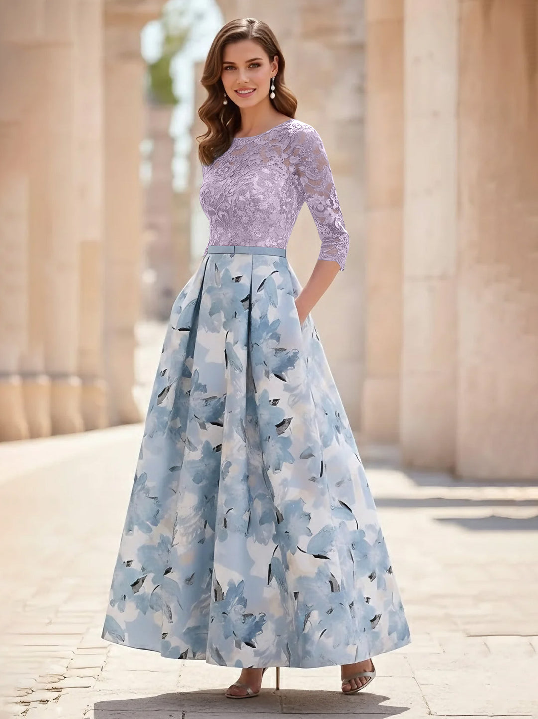 A-Line/Princess Scoop Satin Mother of the Bride Dresses Lace Ankle-Length Half Sleeves Printed Flower