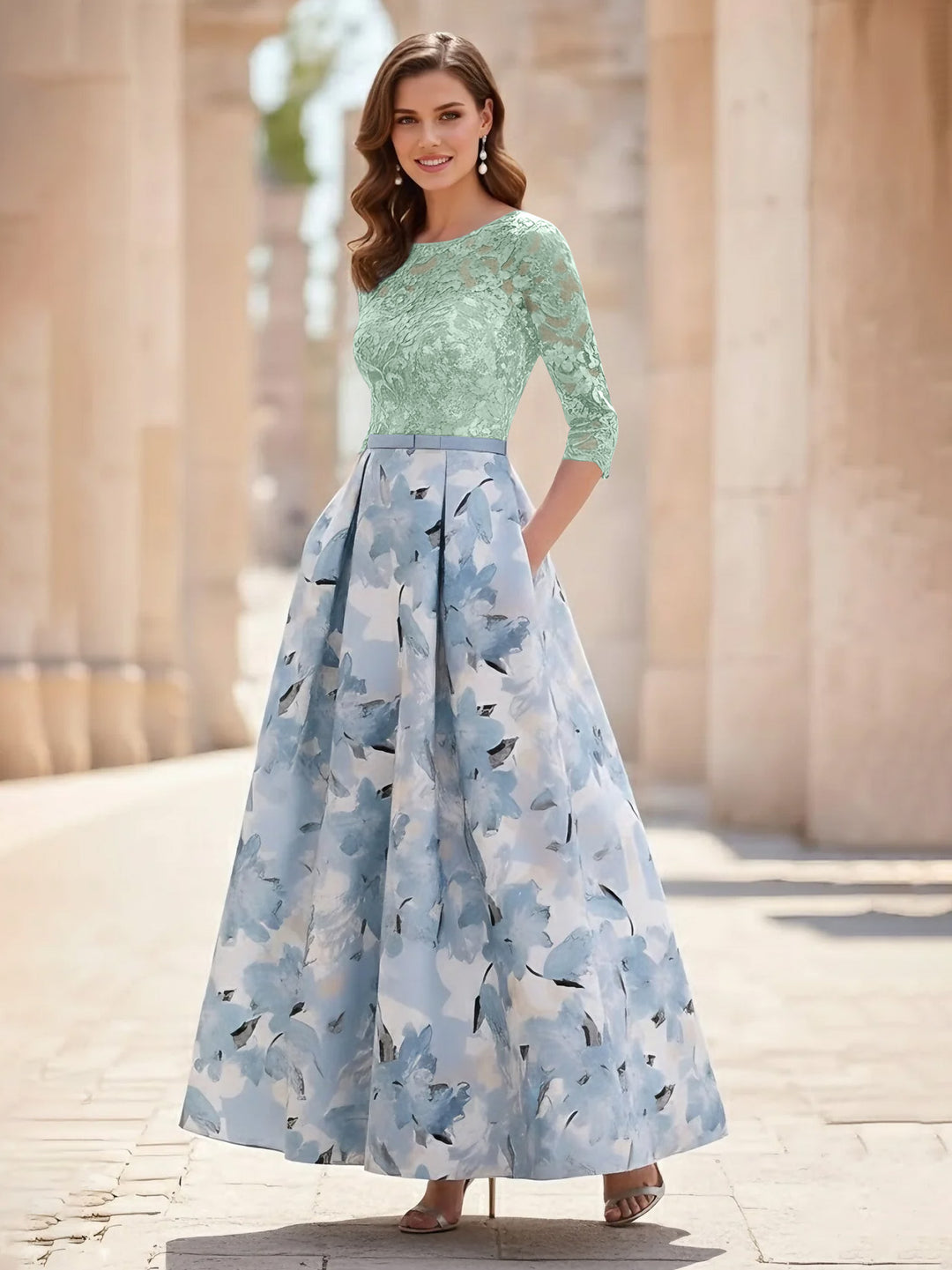 A-Line/Princess Scoop Satin Mother of the Bride Dresses Lace Ankle-Length Half Sleeves Printed Flower