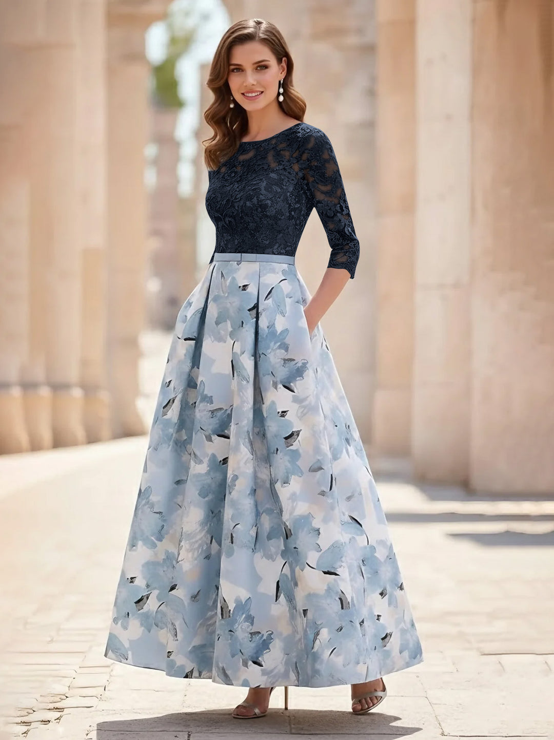 A-Line/Princess Scoop Satin Mother of the Bride Dresses Lace Ankle-Length Half Sleeves Printed Flower