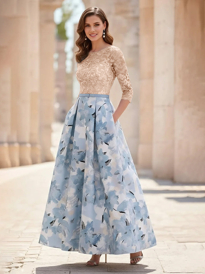 A-Line/Princess Scoop Satin Mother of the Bride Dresses Lace Ankle-Length Half Sleeves Printed Flower