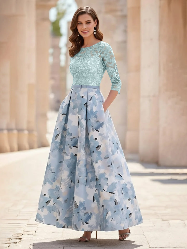 A-Line/Princess Scoop Satin Mother of the Bride Dresses Lace Ankle-Length Half Sleeves Printed Flower
