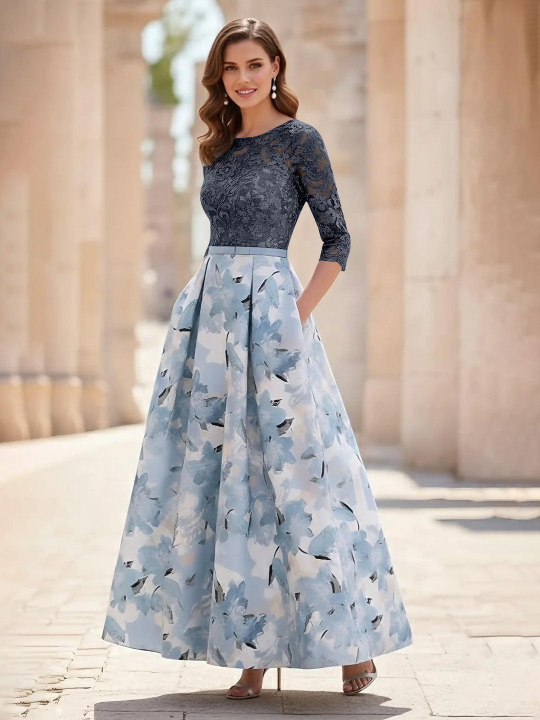 A-Line/Princess Scoop Satin Mother of the Bride Dresses Lace Ankle-Length Half Sleeves Printed Flower
