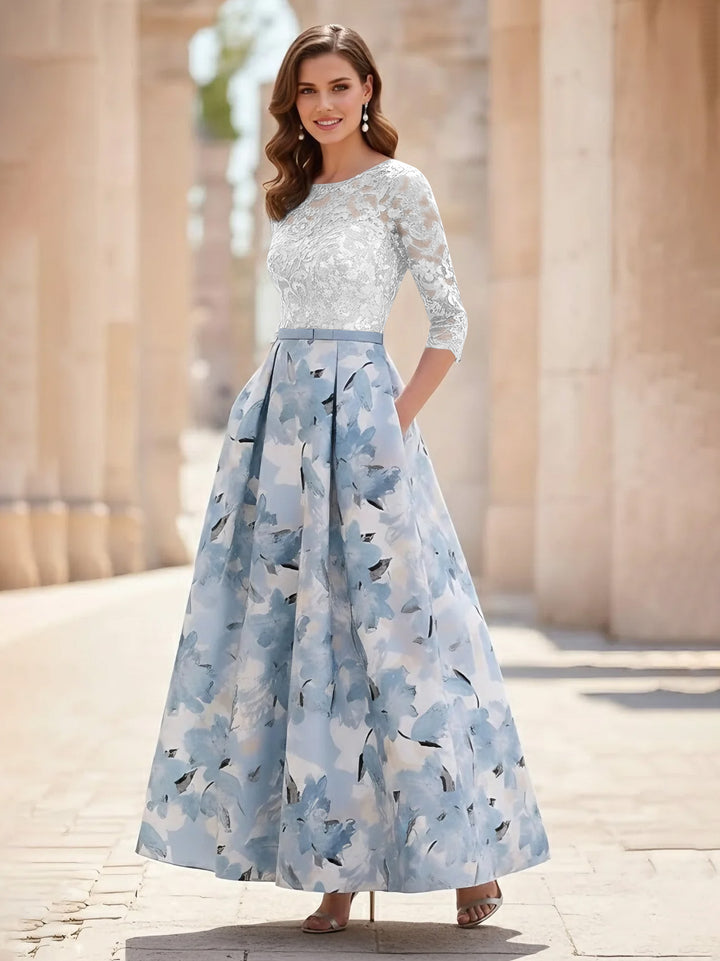 A-Line/Princess Scoop Satin Mother of the Bride Dresses Lace Ankle-Length Half Sleeves Printed Flower