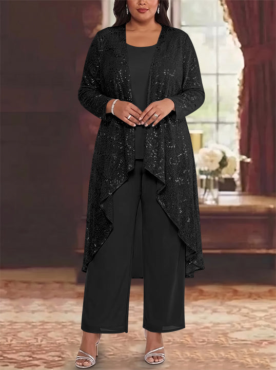 3 Pieces Chiffon Sequins Scoop Plus Size Mother of the Bride Pantsuits with Jacket Long Sleeves Ankle-Length