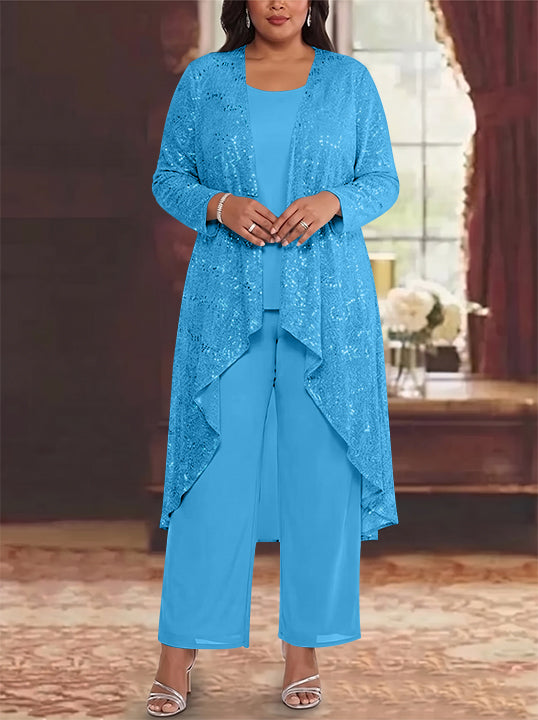 3 Pieces Chiffon Sequins Scoop Plus Size Mother of the Bride Pantsuits with Jacket Long Sleeves Ankle-Length