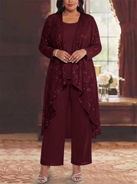 3 Pieces Chiffon Sequins Scoop Plus Size Mother of the Bride Pantsuits with Jacket Long Sleeves Ankle-Length