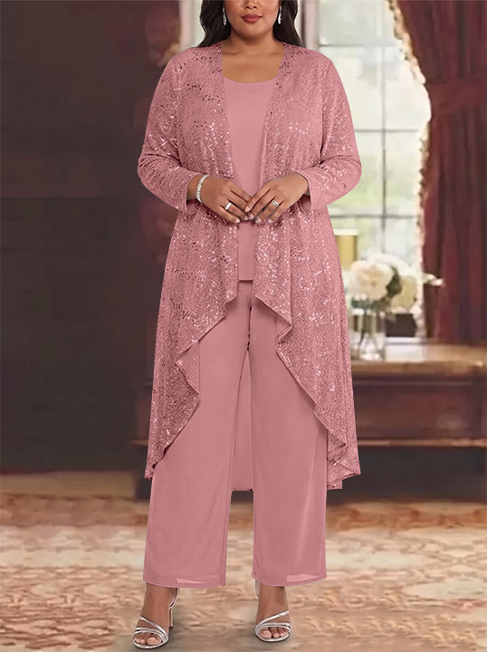 3 Pieces Chiffon Sequins Scoop Plus Size Mother of the Bride Pantsuits with Jacket Long Sleeves Ankle-Length