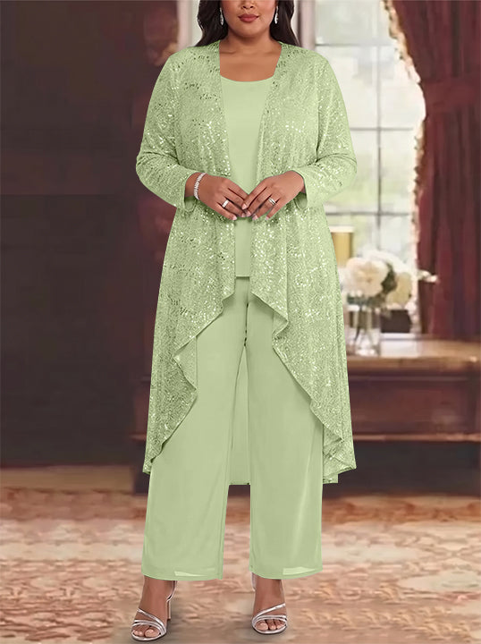 3 Pieces Chiffon Sequins Scoop Plus Size Mother of the Bride Pantsuits with Jacket Long Sleeves Ankle-Length