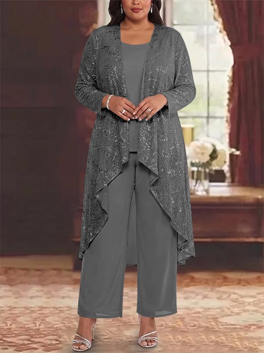 3 Pieces Chiffon Sequins Scoop Plus Size Mother of the Bride Pantsuits with Jacket Long Sleeves Ankle-Length