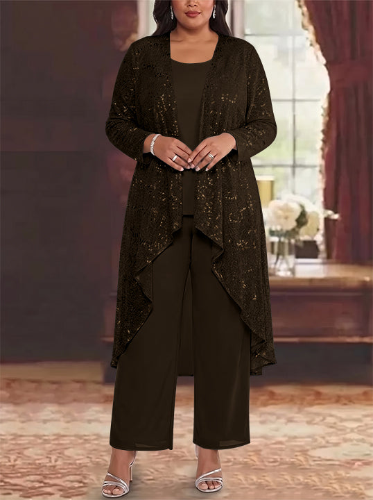 3 Pieces Chiffon Sequins Scoop Plus Size Mother of the Bride Pantsuits with Jacket Long Sleeves Ankle-Length
