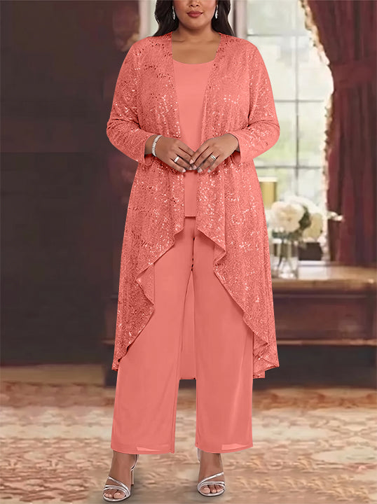 3 Pieces Chiffon Sequins Scoop Plus Size Mother of the Bride Pantsuits with Jacket Long Sleeves Ankle-Length