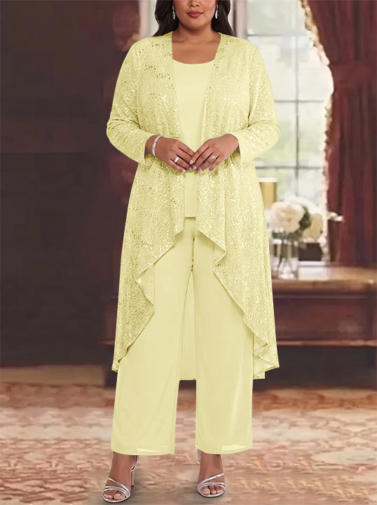 3 Pieces Chiffon Sequins Scoop Plus Size Mother of the Bride Pantsuits with Jacket Long Sleeves Ankle-Length