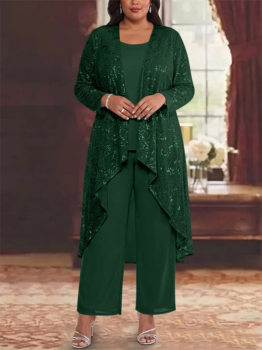 3 Pieces Chiffon Sequins Scoop Plus Size Mother of the Bride Pantsuits with Jacket Long Sleeves Ankle-Length
