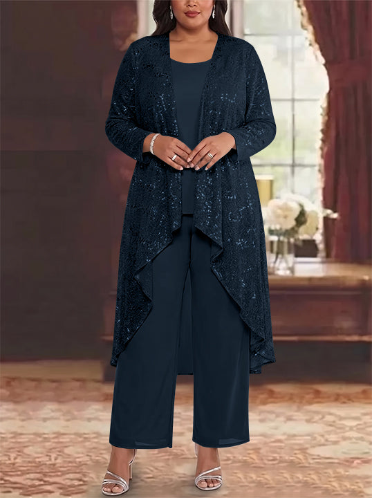 3 Pieces Chiffon Sequins Scoop Plus Size Mother of the Bride Pantsuits with Jacket Long Sleeves Ankle-Length