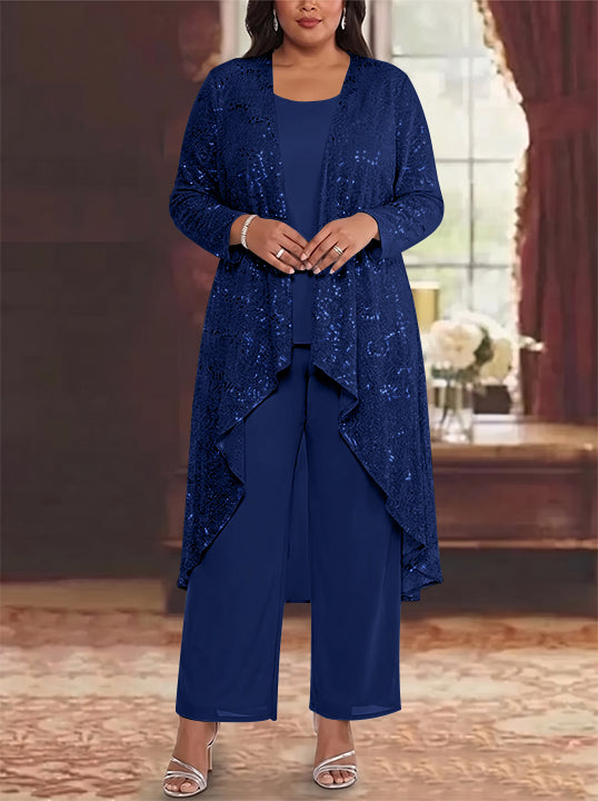 3 Pieces Chiffon Sequins Scoop Plus Size Mother of the Bride Pantsuits with Jacket Long Sleeves Ankle-Length