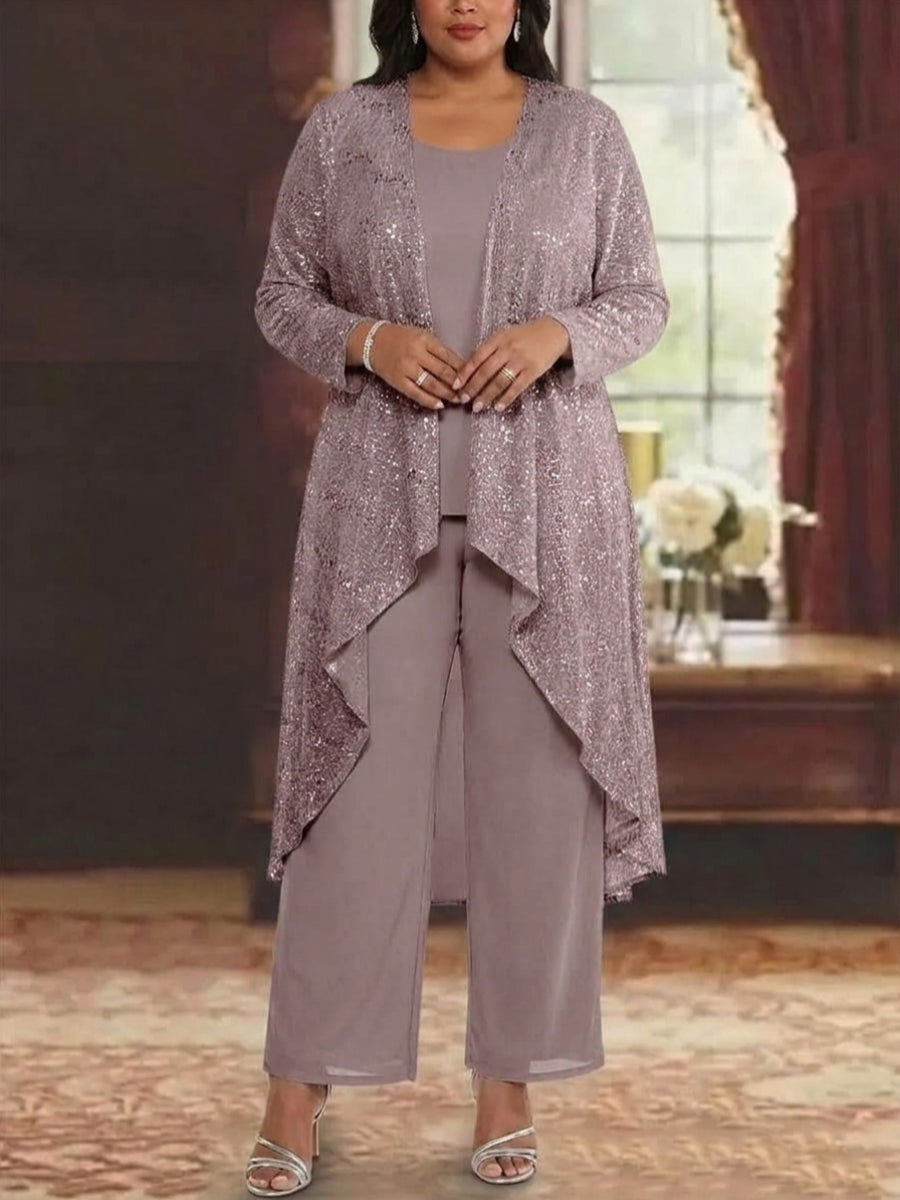 3 Pieces Chiffon Sequins Scoop Plus Size Mother of the Bride Pantsuits with Jacket Long Sleeves Ankle-Length