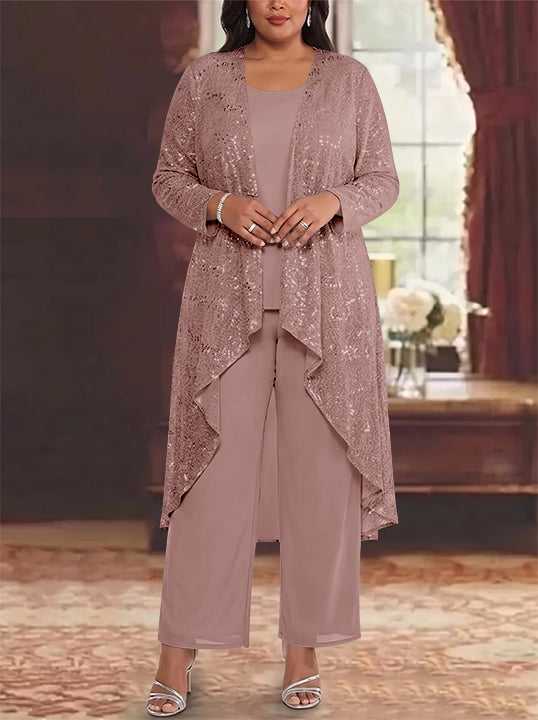 3 Pieces Chiffon Sequins Scoop Plus Size Mother of the Bride Pantsuits with Jacket Long Sleeves Ankle-Length
